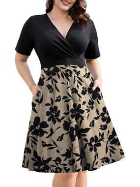 Color-Smt376 Plus Size Faux Wrap Dress 4X for Curvy Women with Pockets
